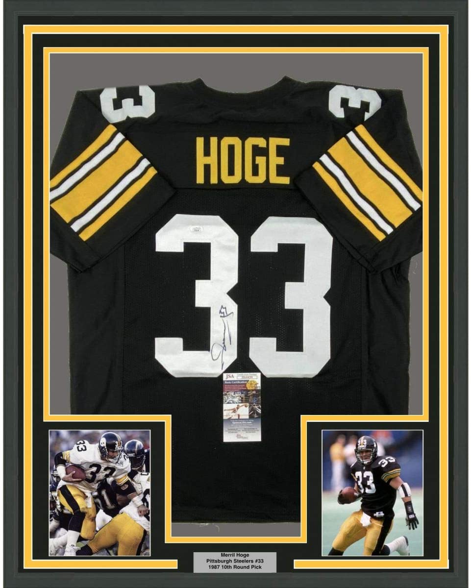 Camiseta de fútbol americano de Pittsburgh, negra, enmarcada, autografiada y firmada por Merril Hoge, 35 x 39, JSA COA