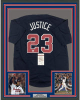 Framed Autographed/Signed David Justice 35x39 Atlanta Blue Baseball Jersey JSA COA