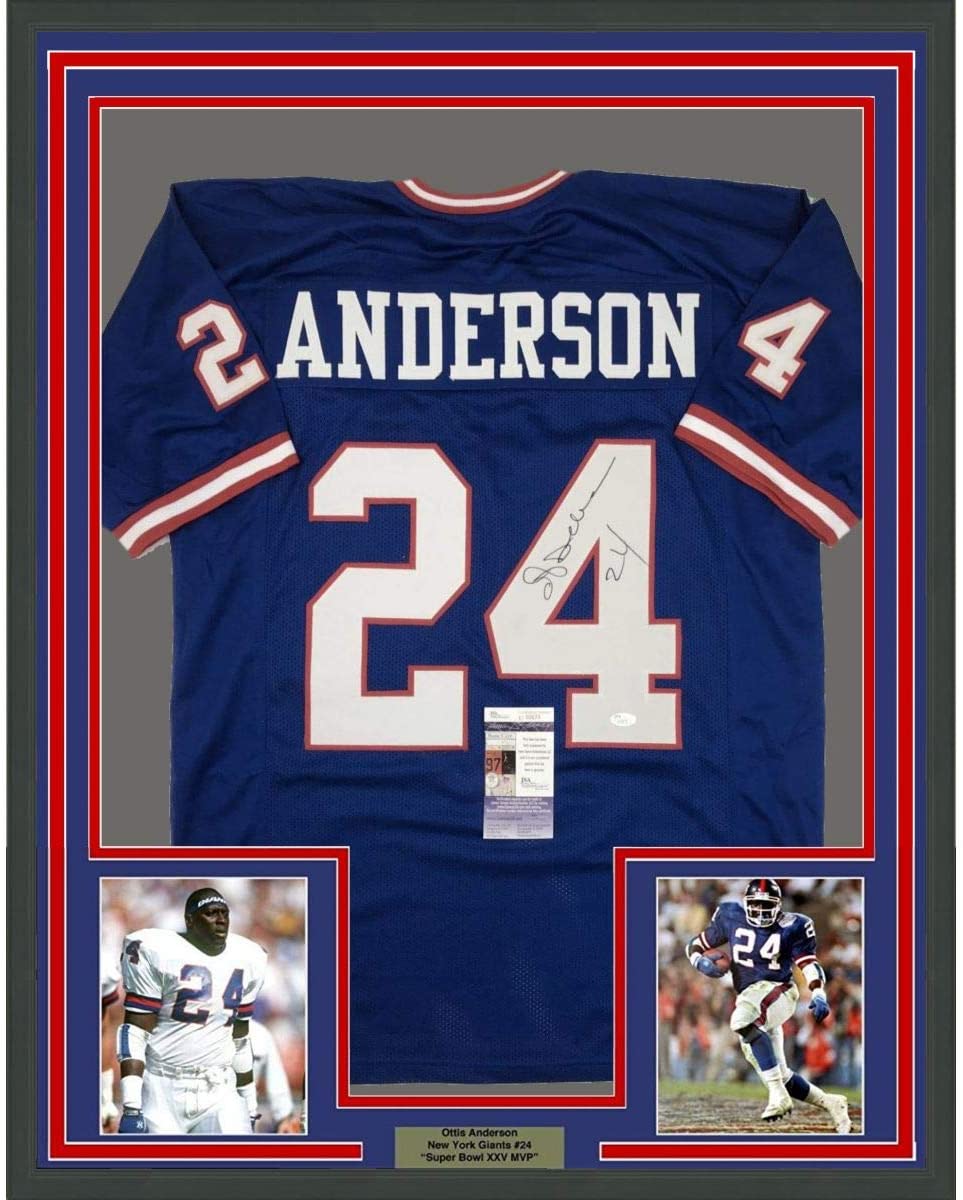 Camiseta de fútbol azul de Nueva York de 35 x 39, enmarcada, autografiada y firmada por Ottis Anderson (JSA COA)