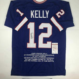 Autographed/Signed Jim Kelly Buffalo Blue Stat Football Jersey JSA COA