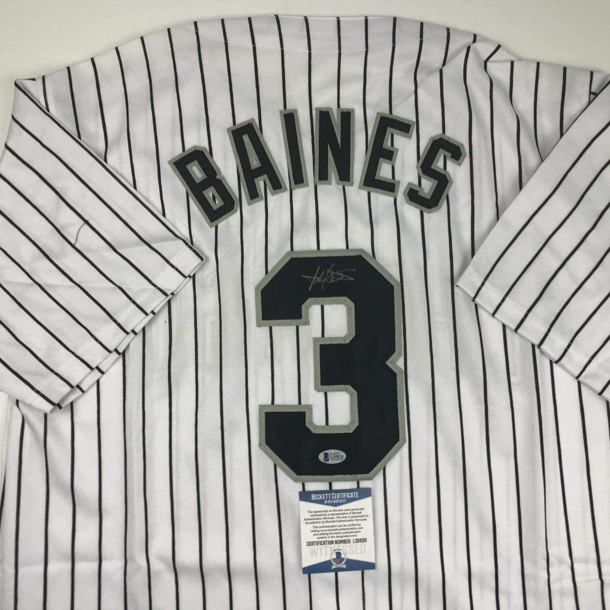 Camiseta de béisbol a rayas de Chicago de Harold Baines autografiada/firmada Beckett BAS COA