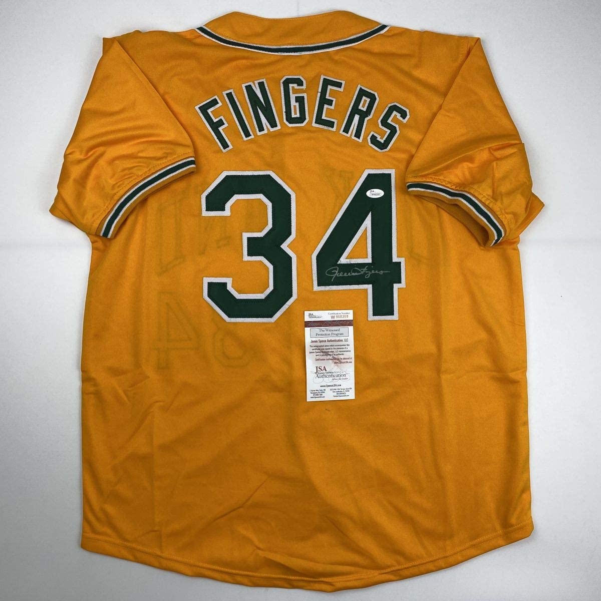 Camiseta de béisbol amarilla de Oakland autografiada y firmada por Rollie Fingers (JSA COA)