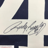 Camiseta de fútbol americano universitario azul autografiada/firmada de Rudy Ruettiger Never Quit Notre Dame JSA COA