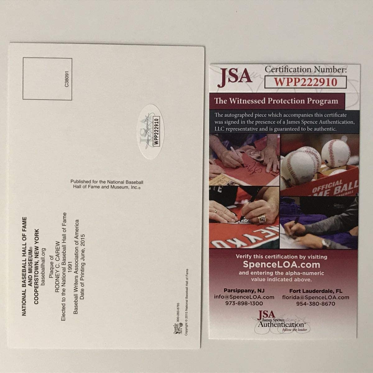 Postal autografiada/firmada por Rod Carew, Salón de la Fama del Béisbol, JSA COA