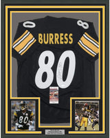 Framed Autographed/Signed Plaxico Burress 35x39 Pittsburgh Black Football Jersey JSA COA