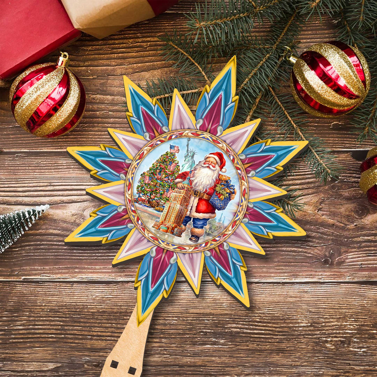 Decoración de madera para la punta del árbol de Papá Noel, de inspiración americana, de G. Debrekht - Decoración de muñeco de nieve de Papá Noel - 89523