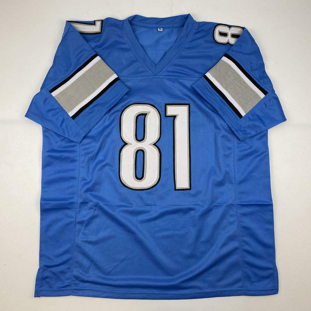 Camiseta de fútbol azul Detroit de Calvin Johnson autografiada/firmada JSA COA