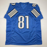 Camiseta de fútbol azul Detroit de Calvin Johnson autografiada/firmada JSA COA