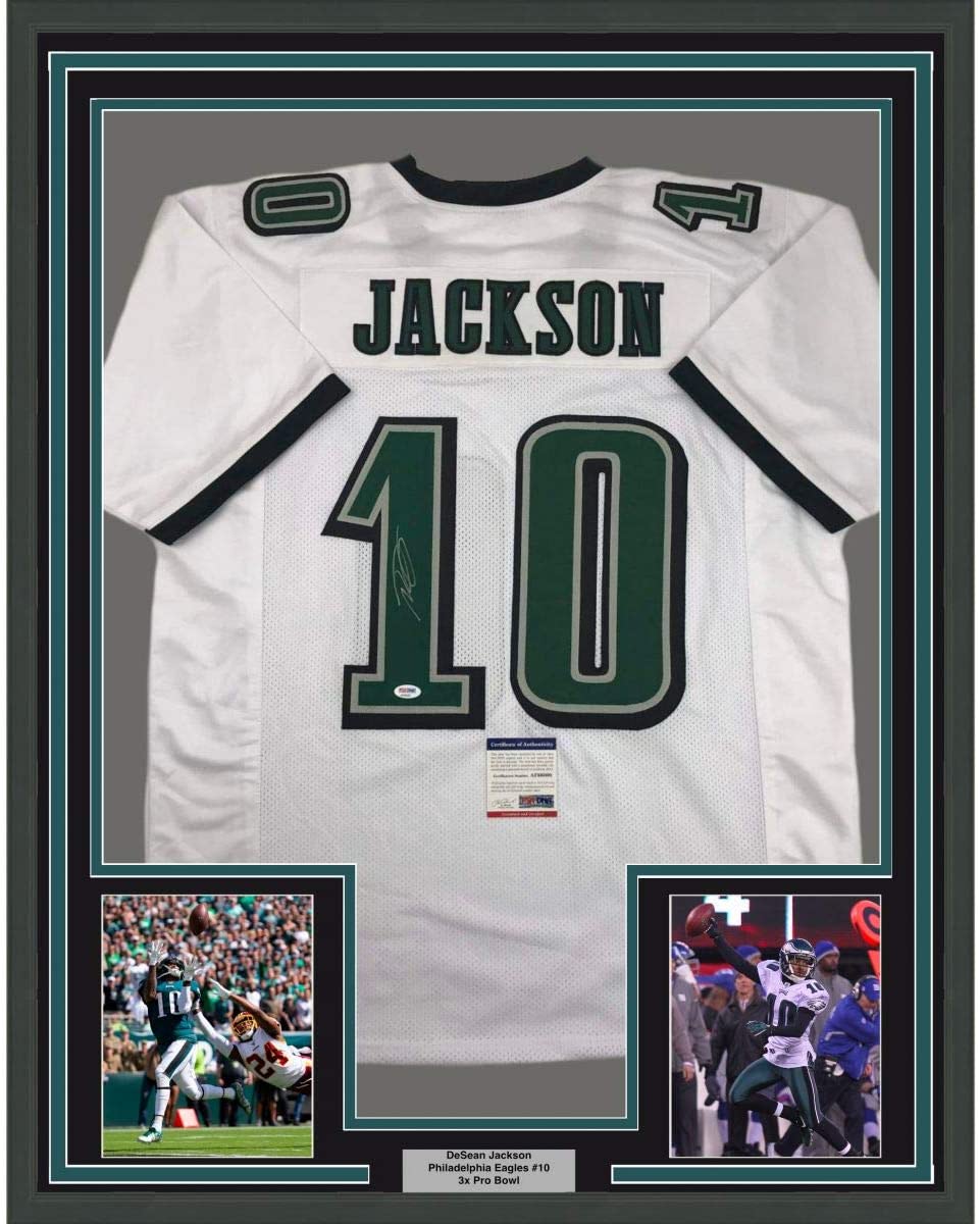 Camiseta de fútbol americano de Filadelfia blanca, enmarcada, autografiada y firmada por DeSean Jackson, 35 x 39, con certificado de autenticidad (PSA/DNA)