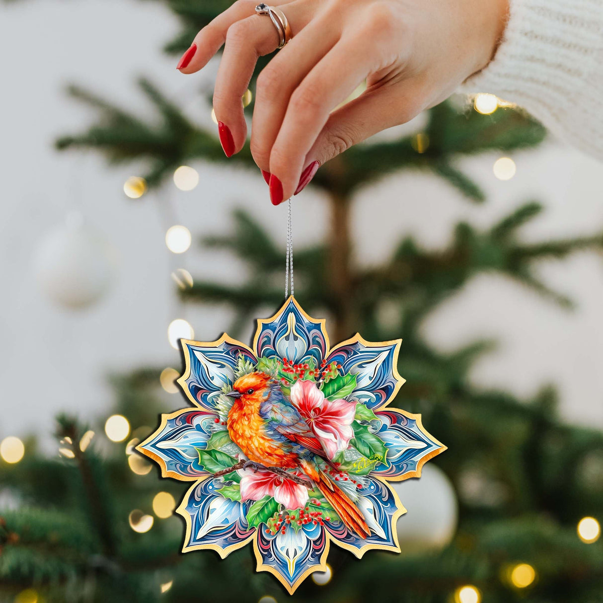 Forest Birds Snowflake Wooden Ornaments Set of 3 by G. Debrekht - Christmas Decor - 8090144-S3