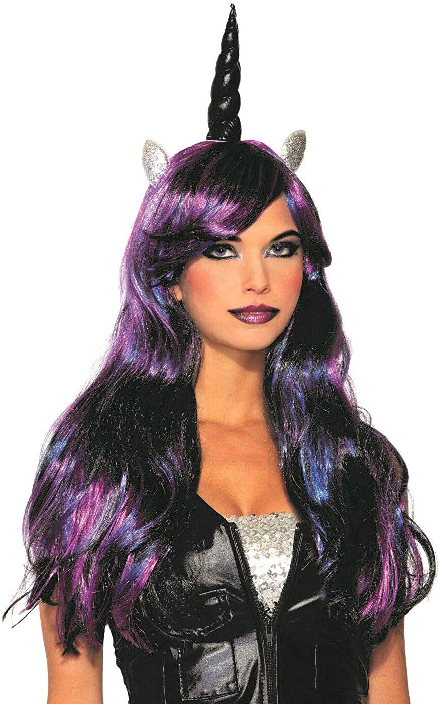 Black and Purple Unicorn Costume Wig with Horn