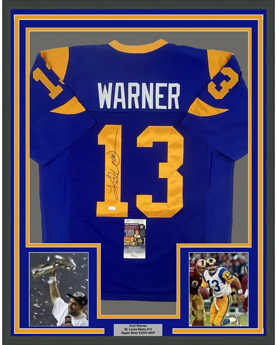 Camiseta de fútbol azul de Kurt Warner St. Louis, enmarcada, autografiada y firmada, 35 x 39, JSA COA
