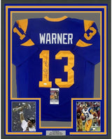 Camiseta de fútbol azul de Kurt Warner St. Louis, enmarcada, autografiada y firmada, 35 x 39, JSA COA