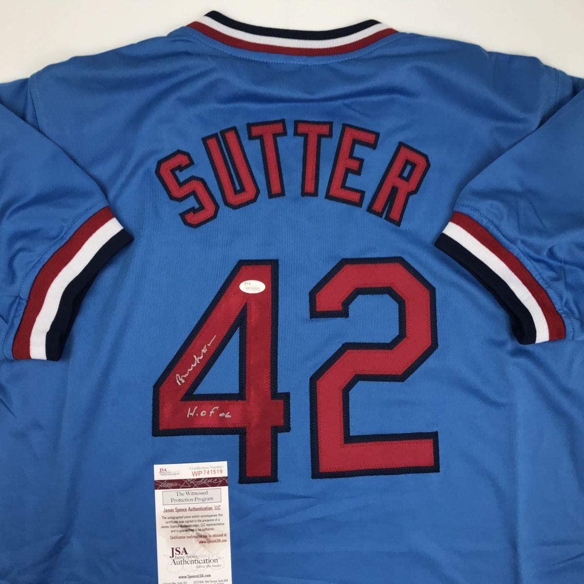 Camiseta de béisbol azul de San Luis del Salón de la Fama 06 autografiada/firmada por Bruce Sutter (JSA COA)
