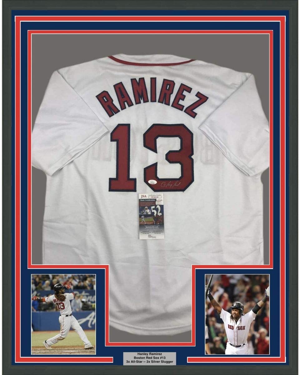 Camiseta de béisbol blanca de Boston, enmarcada, autografiada y firmada por Hanley Ramirez, 35 x 39, JSA COA