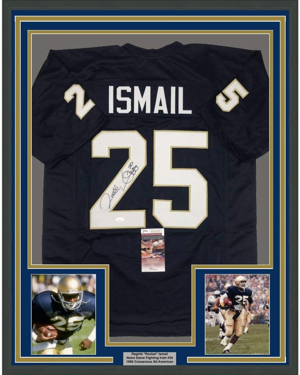 Camiseta de fútbol americano universitario azul de Notre Dame, enmarcada, autografiada y firmada por Raghib Ismail Rocket, 35 x 39, JSA COA