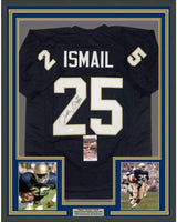 Camiseta de fútbol americano universitario azul de Notre Dame, enmarcada, autografiada y firmada por Raghib Ismail Rocket, 35 x 39, JSA COA