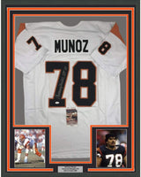 Framed Autographed/Signed Anthony Munoz HOF 98 35x39 Cincinnati White Football Jersey JSA COA