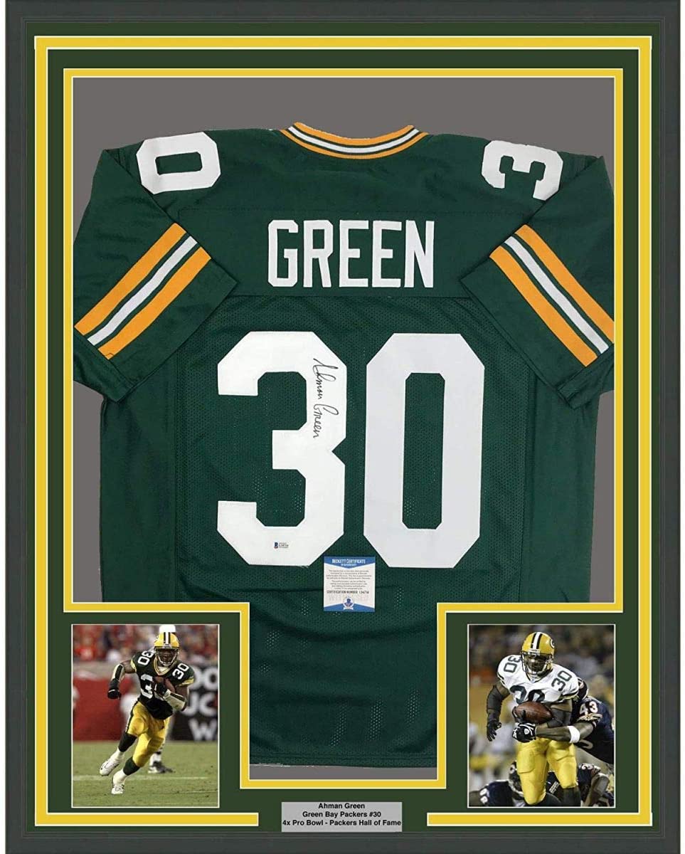 Framed Autographed/Signed Ahman Green 35x39 Green Bay Packers Green Football Jersey JSA COA