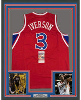 Framed Autographed/Signed Allen Iverson 35x39 Philadelphia Red Basketball Jersey JSA COA