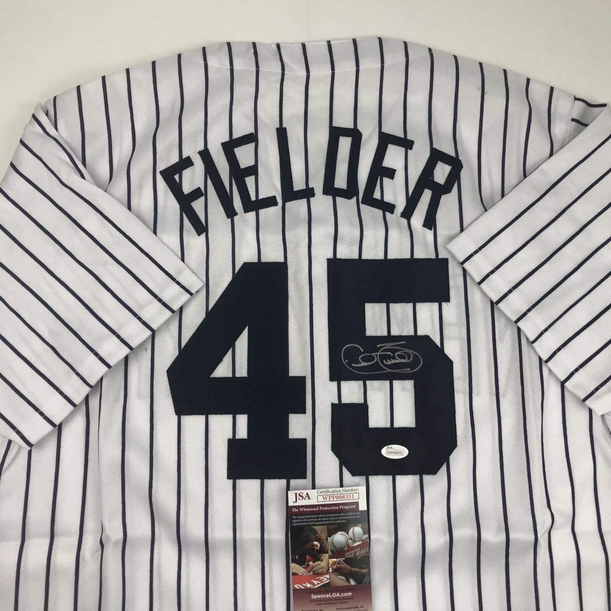Camiseta de béisbol a rayas de Nueva York autografiada/firmada por Cecil Fielder JSA COA