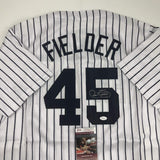 Camiseta de béisbol a rayas de Nueva York autografiada/firmada por Cecil Fielder JSA COA