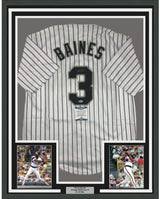 Camiseta de béisbol de rayas de Chicago de 35 x 39, enmarcada, autografiada y firmada por Harold Baines, Beckett BAS COA