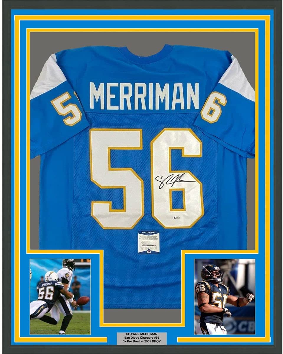 Camiseta de fútbol azul claro de San Diego de Shawne Merriman, enmarcada, autografiada y firmada, 35 x 39, Beckett BAS COA