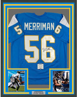 Camiseta de fútbol azul claro de San Diego de Shawne Merriman, enmarcada, autografiada y firmada, 35 x 39, Beckett BAS COA