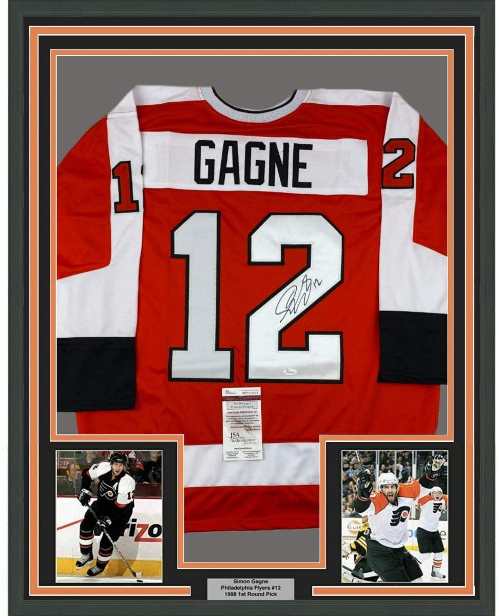 Camiseta de hockey naranja de Filadelfia, enmarcada, autografiada y firmada por Simon Gagne, 35 x 39, JSA COA