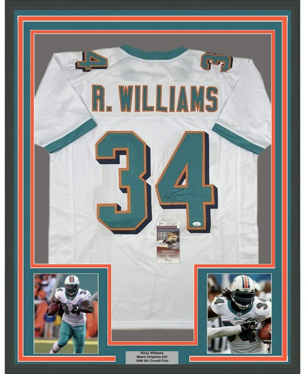 Camiseta de fútbol blanca de Miami de 35 x 39 de Ricky Williams, enmarcada y autografiada (JSA COA)