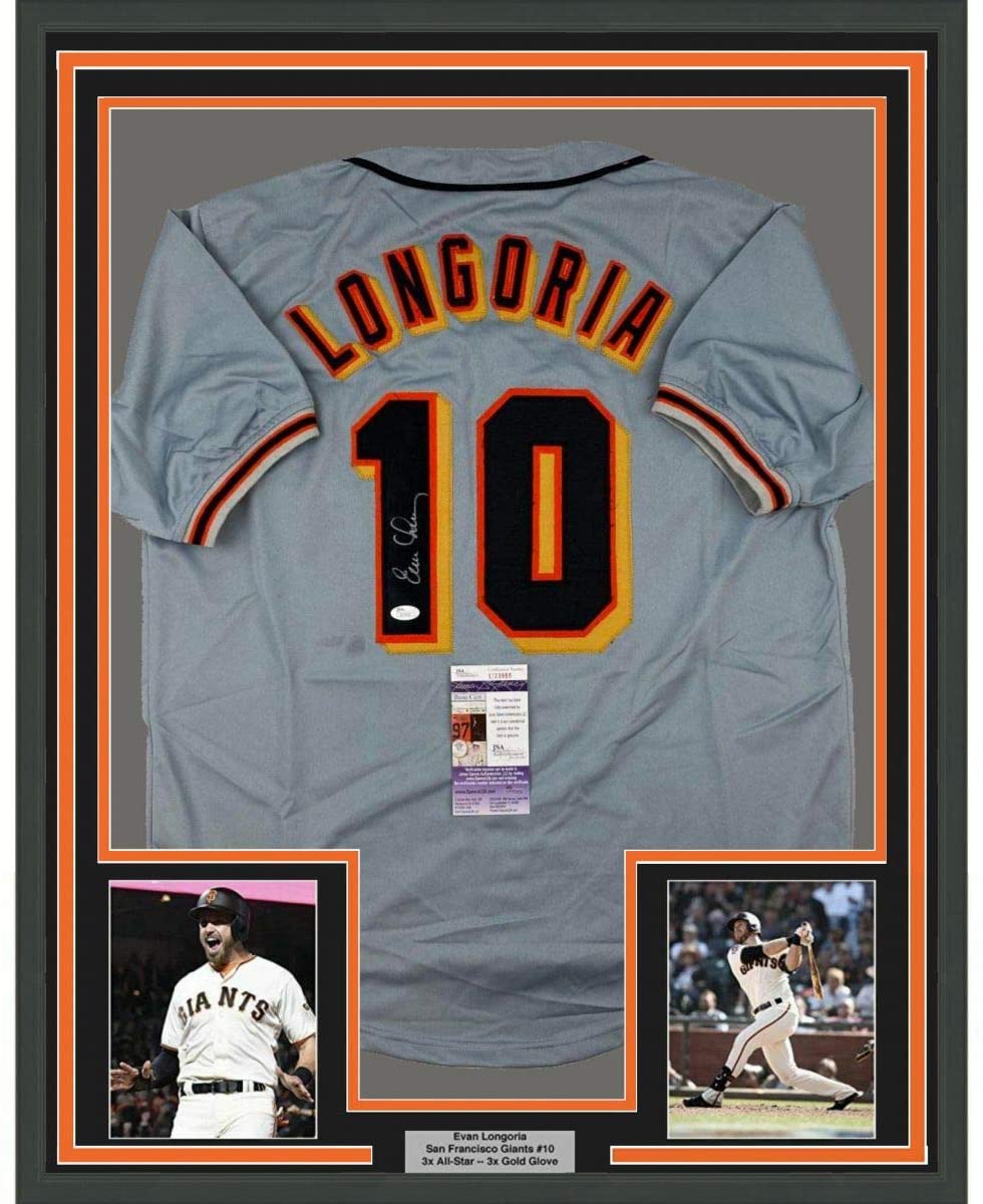Camiseta de béisbol gris de San Francisco, enmarcada, autografiada y firmada por Evan Longoria, 35 x 39, JSA COA