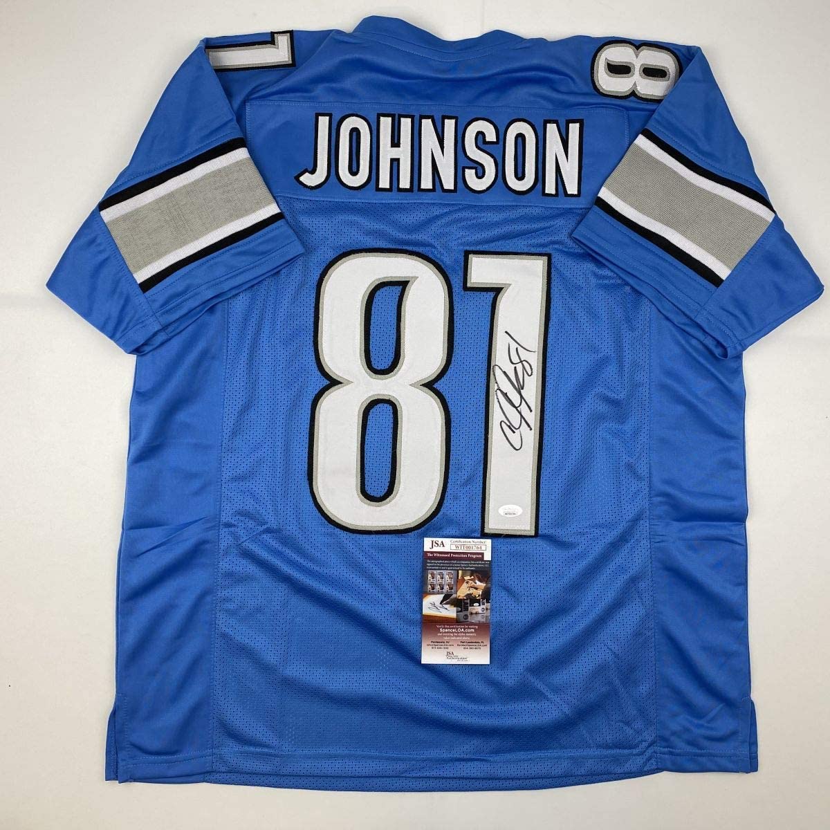 Camiseta de fútbol azul Detroit de Calvin Johnson autografiada/firmada JSA COA