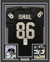 Camiseta de fútbol americano negra de los Oakland Raiders, enmarcada, autografiada y firmada por Raghib Rocket Ismail, 35 x 39, JSA COA