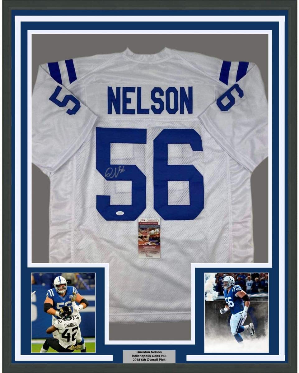 Camiseta de fútbol americano blanca de Indianápolis, enmarcada, autografiada y firmada por Quenton Nelson, 35 x 39, JSA COA