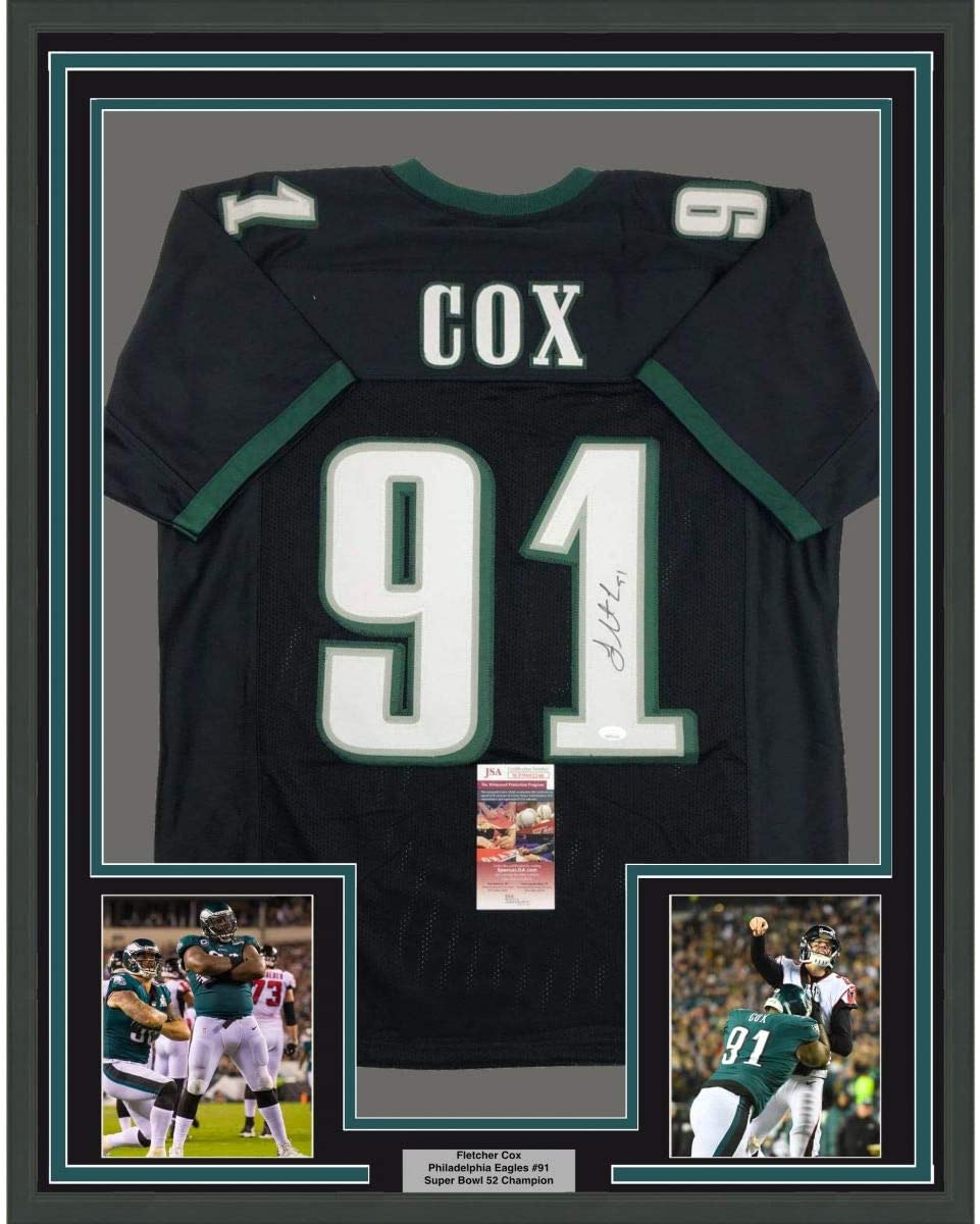 Camiseta de fútbol americano de Filadelfia, negra, enmarcada, autografiada y firmada por Fletcher Cox (35 x 39), JSA COA