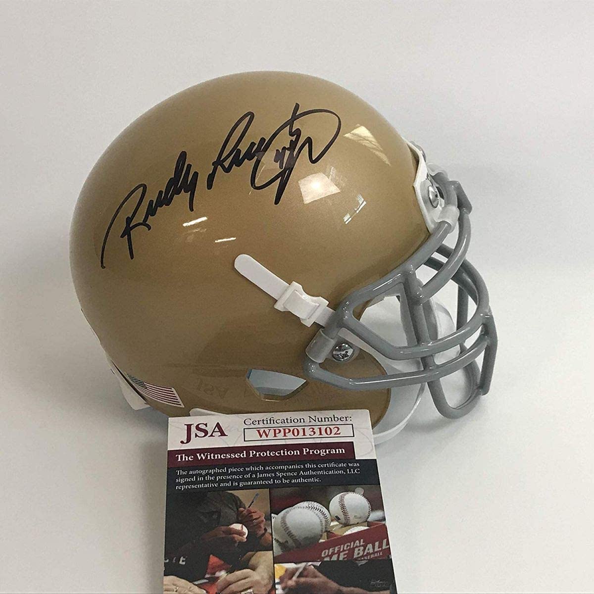 Casco miniatura de fútbol americano de Notre Dame Irish autografiado y firmado por Rudy Ruettiger (JSA COA)