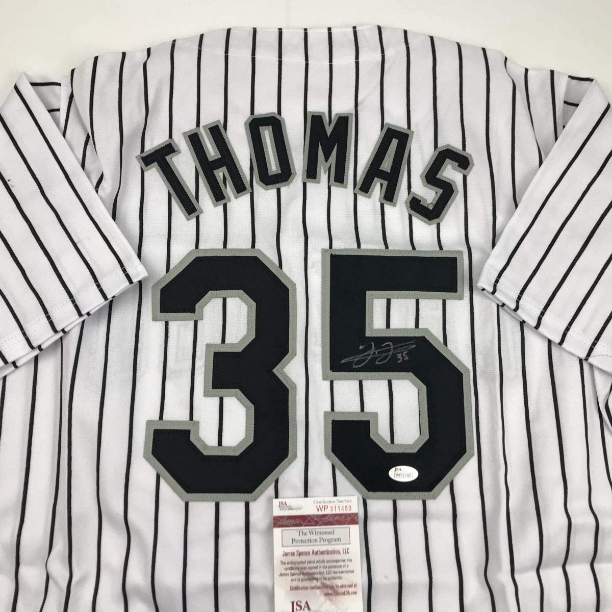 Camiseta de béisbol a rayas de Chicago autografiada y firmada por Frank Thomas (JSA COA)