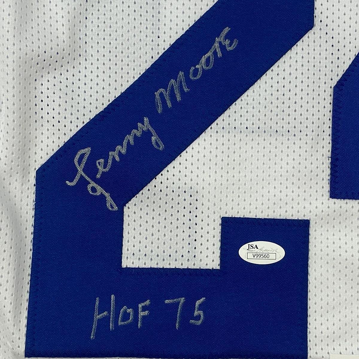 Camiseta de fútbol americano Baltimore HOF 75, enmarcada, autografiada y firmada por Lenny Moore, 35 x 39, color blanco, JSA COA