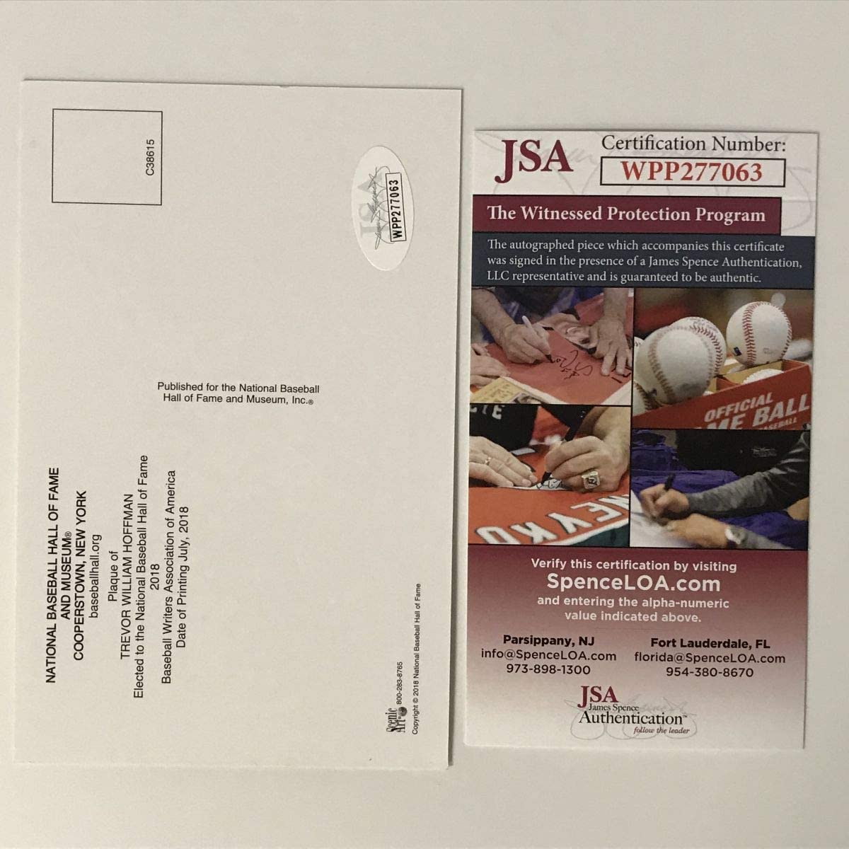 Postal autografiada/firmada por Trevor Hoffman, Salón de la Fama del Béisbol, JSA COA