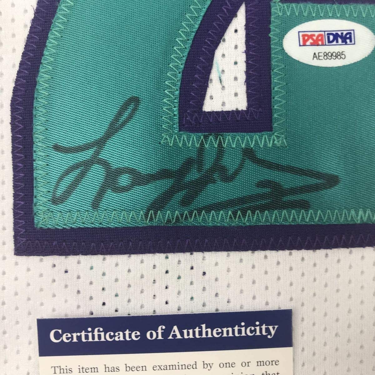 Camiseta de baloncesto Charlotte White de 35 x 39, enmarcada, autografiada y firmada por Larry Johnson. Certificado de autenticidad de PSA y ADN.