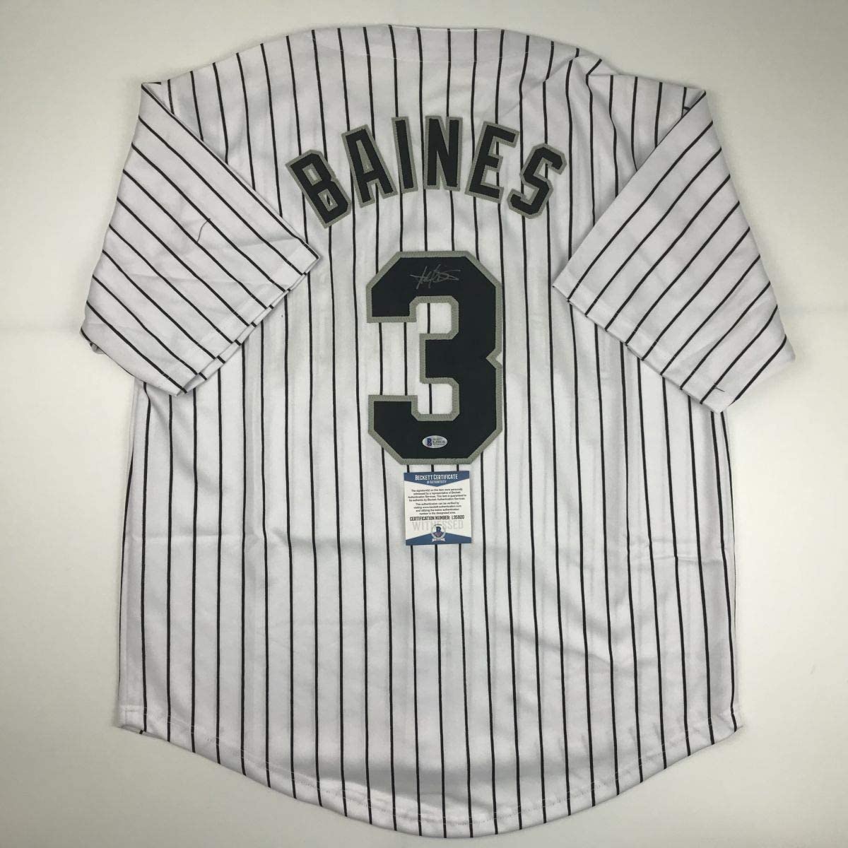 Camiseta de béisbol a rayas de Chicago de Harold Baines autografiada/firmada Beckett BAS COA