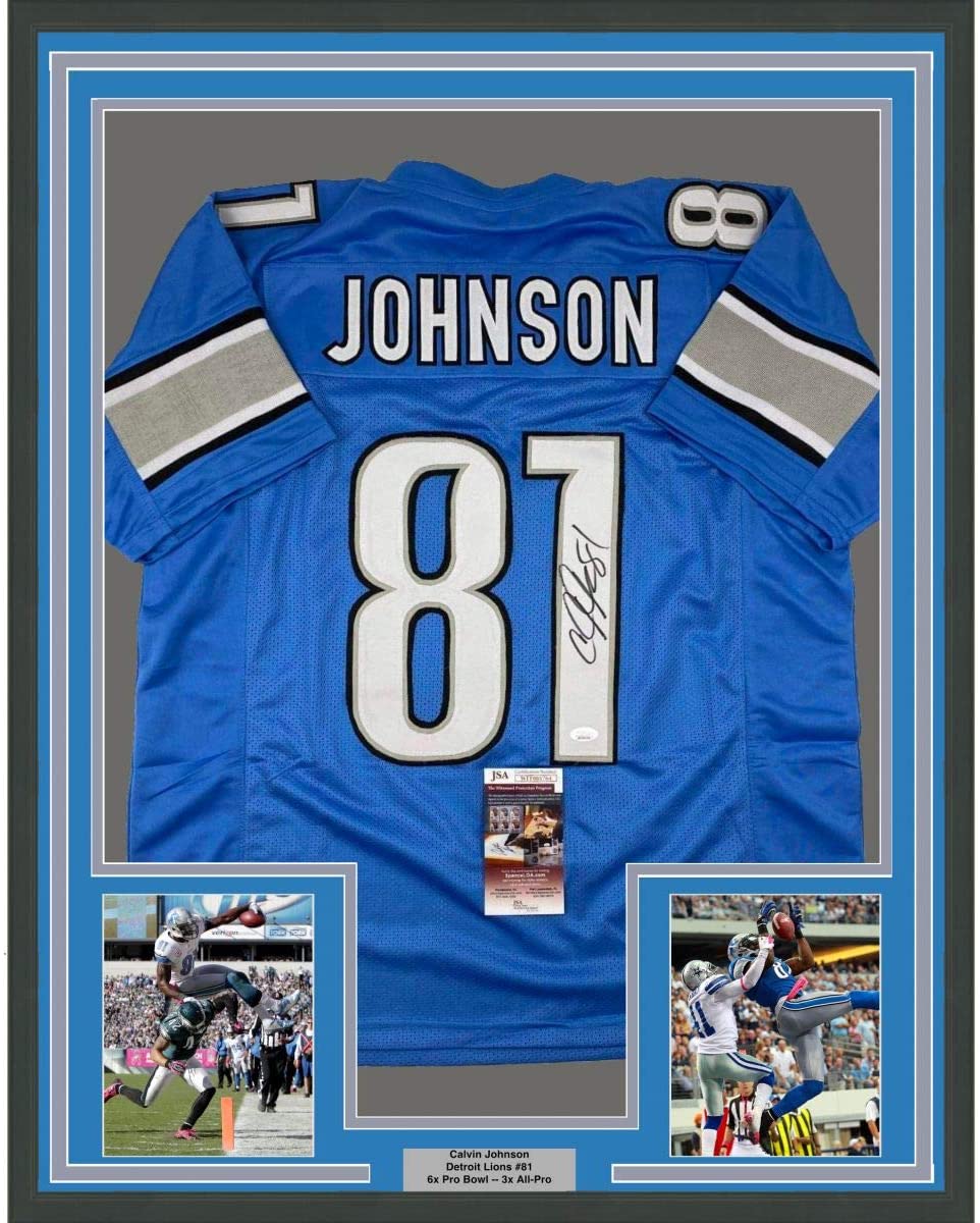 Camiseta de fútbol azul Detroit de Calvin Johnson, enmarcada, autografiada y firmada, 35 x 39, JSA COA