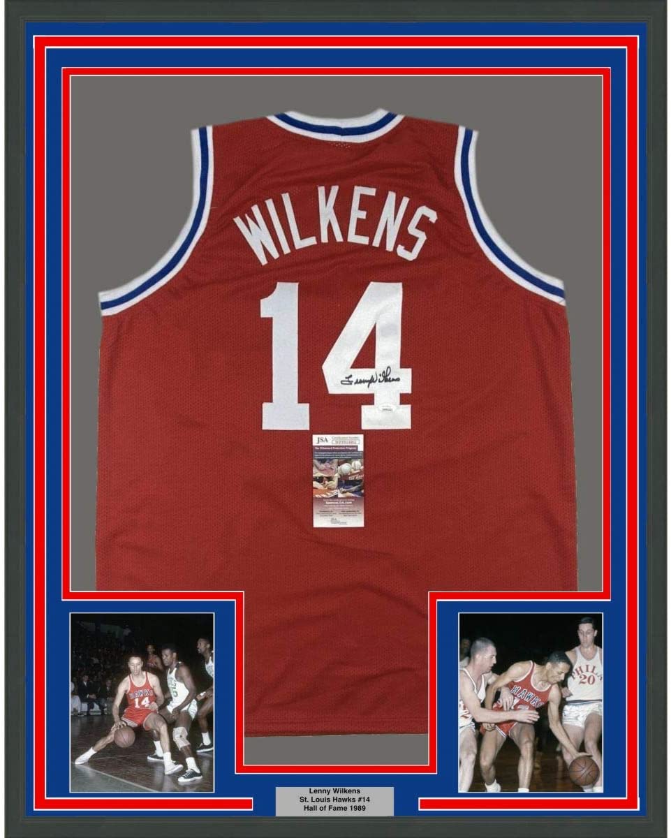 Camiseta de baloncesto roja de San Luis, enmarcada, autografiada y firmada por Lenny Wilkens, 35 x 39, JSA COA