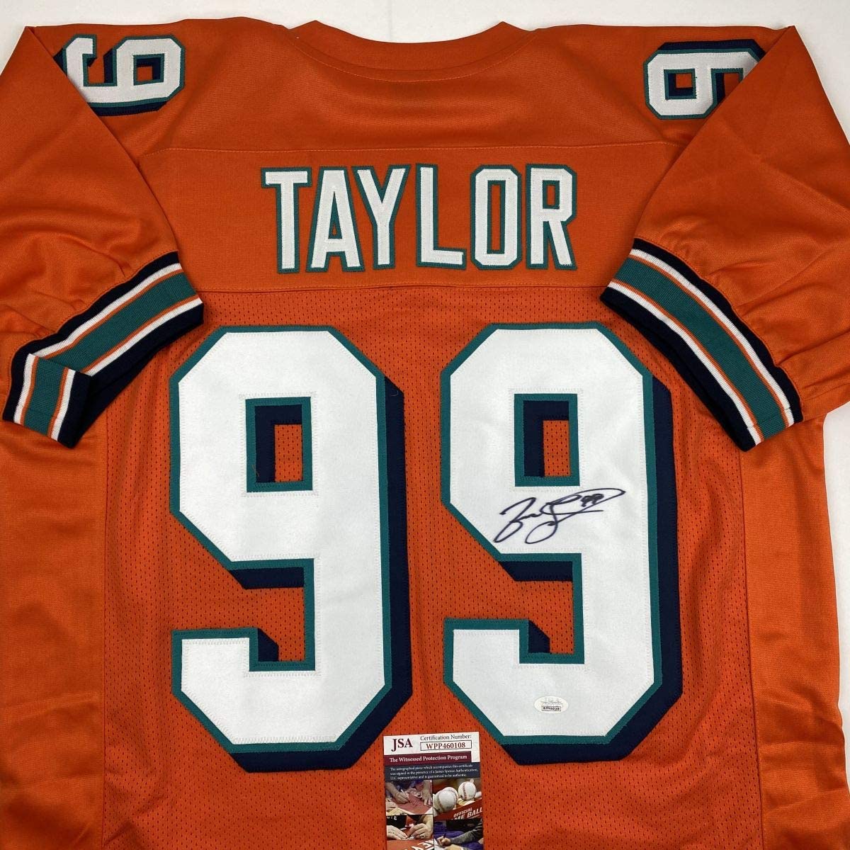 Camiseta de fútbol naranja autografiada/firmada de Jason Taylor Miami JSA COA