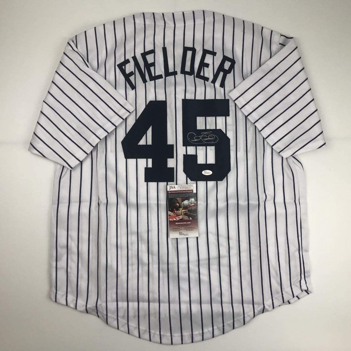 Camiseta de béisbol a rayas de Nueva York autografiada/firmada por Cecil Fielder JSA COA