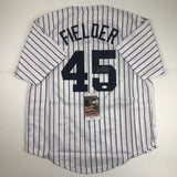 Camiseta de béisbol a rayas de Nueva York autografiada/firmada por Cecil Fielder JSA COA