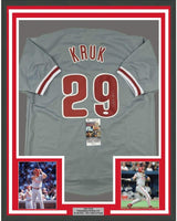 Framed Autographed/Signed John Kruk 35x39 Philadelphia Grey Baseball Jersey JSA COA