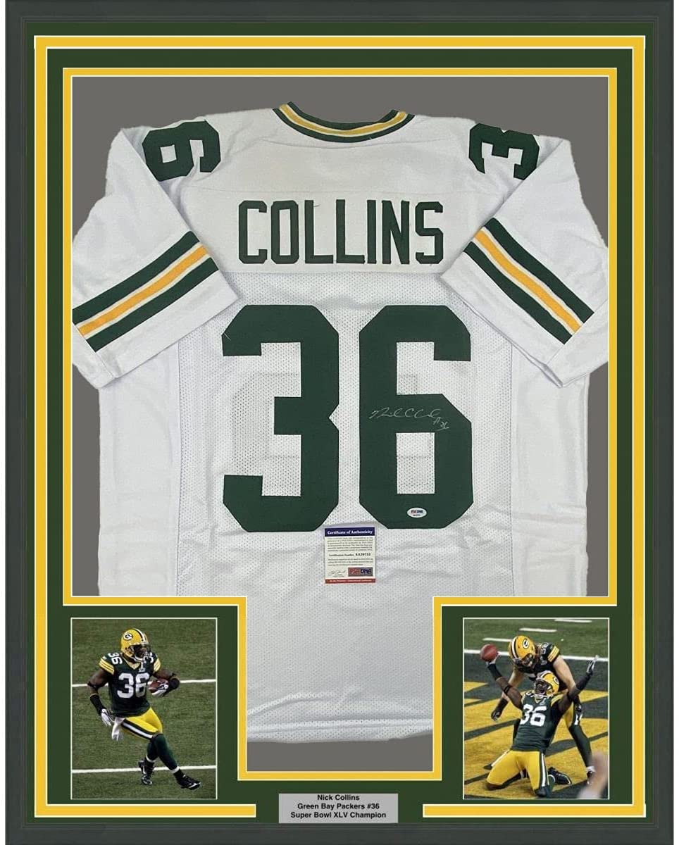 Camiseta de fútbol americano blanca de Green Bay, enmarcada, autografiada y firmada por Nick Collins, 35 x 39, certificado de autenticidad (PSA/DNA)