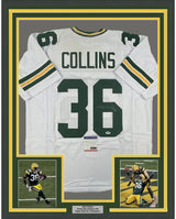 Camiseta de fútbol americano blanca de Green Bay, enmarcada, autografiada y firmada por Nick Collins, 35 x 39, certificado de autenticidad (PSA/DNA)
